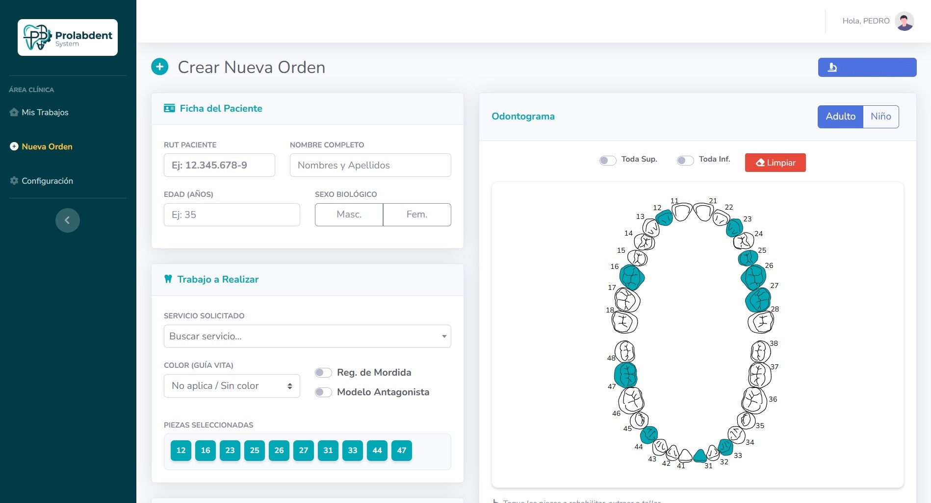 Dashboard del sistema ProlabDent